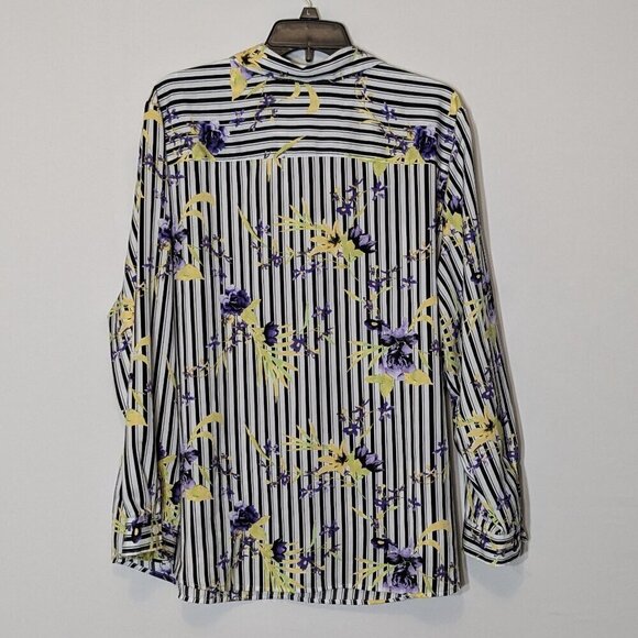 CHICO'S Black/White Stripe & Floral Long Sleeve Satin Button Blouse; Size 16/18 - Picture 2 of 5